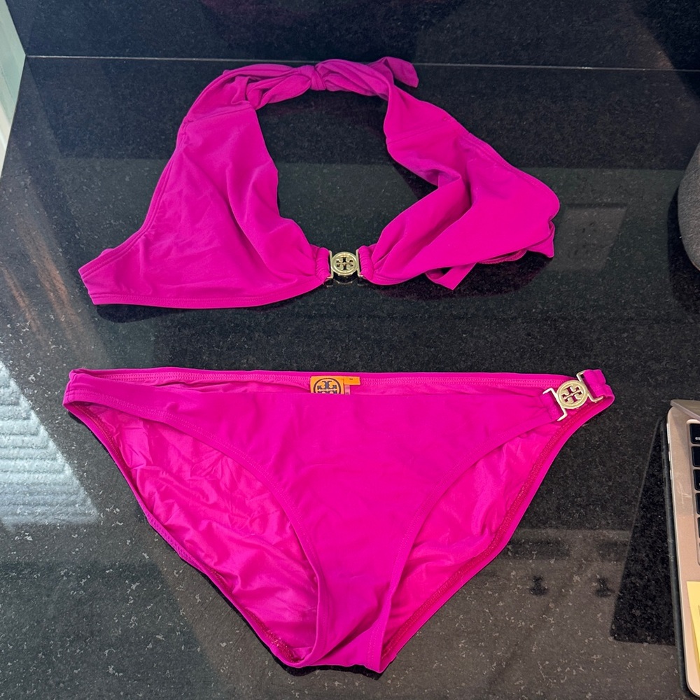 Tory Burch Purple Bikini Set with Gold Accents bottom M top L